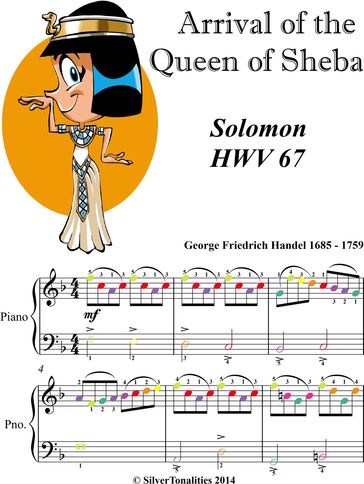 Arrival of the Queen of Sheba Easiest Piano Sheet Music with Colored Notes - George Friedrich Handel