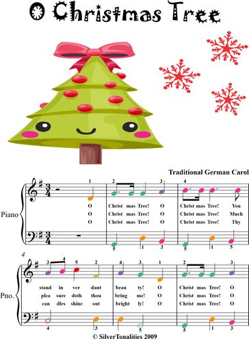 O Christmas Tree Easiest Piano Sheet Music with Colored Notes - Traditional Christmas Carol