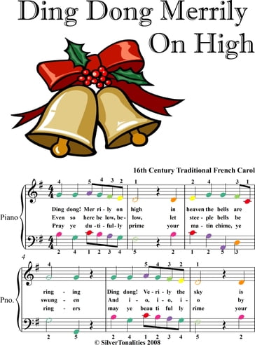 Ding Dong Merrily On High Easy Piano Sheet Music with Colored Notes - Traditional Christmas Carol