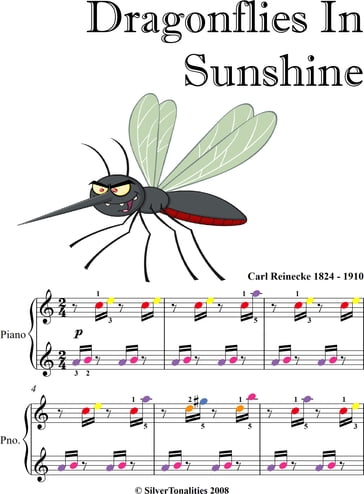 Dragonflies in Sunshine Easiest Piano Sheet Music  With Colored Notation - Carl Reinecke