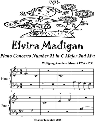 Elvira Madigan Beginner Piano Sheet Music Tadpole Edition - Wolfgang Amadeus Mozart