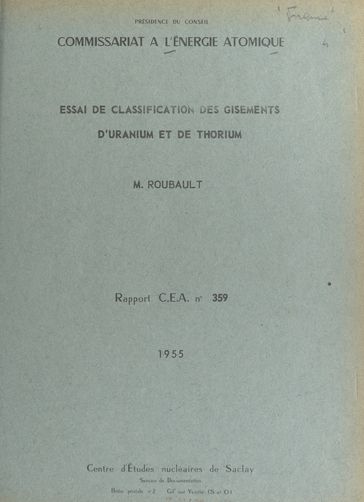 Essai de classification des gisements d'uranium et de thorium - Marcel Roubault