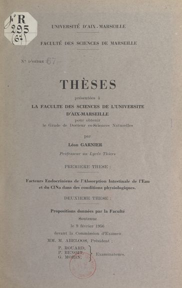 Facteurs endocriniens de l'absorption intestinale de l'eau et du ClNa dans les conditions physiologiques - Léon Garnier