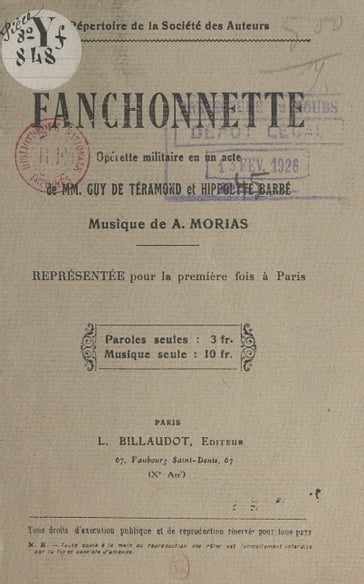 Fanchonnette - Guy de Téramond - Hippolyte Barbé - Société des auteurs