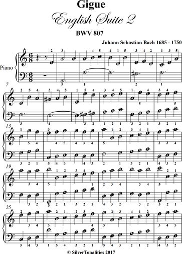 Gigue English Suite 2 BWV 807 Easy Piano Sheet Music - Johann Sebastian Bach