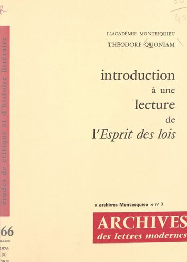 Introduction à une lecture de l'esprit des lois - Michel J. Minard - Théodore Quoniam