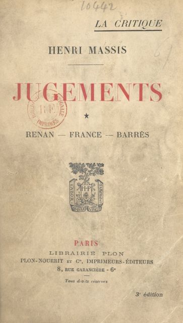 Jugements (1). Renan, France, Barrès - Henri Massis
