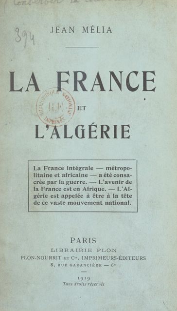 La France et l'Algérie - Jean Mélia