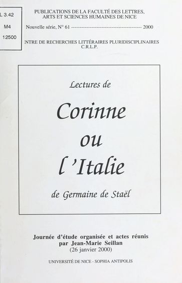 Lectures de Corinne ou l'Italie de Germaine de Staël - Centre de recherches littéraires et pluridisciplinaires - Jean-Marie Seillan