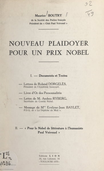 Nouveau plaidoyer pour un prix Nobel - Maurice Boutry - Evelyne-Jean Baylet - Roland Dorgelès - Anders Ryberg