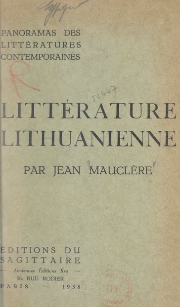 Panorama de la littérature lithuanienne contemporaine - Fernand Baldensperger - Jean Cassou - Jean Mauclère