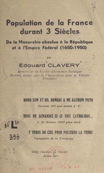 Population de la France durant 3 siècles - Édouard Clavery