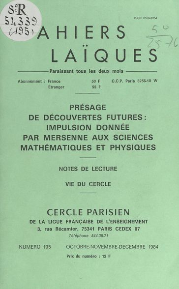 Présage de découvertes futures : impulsion donnée par Mersenne aux sciences mathématiques et physiques - Armand Beaulieu - Prosper Alfaric