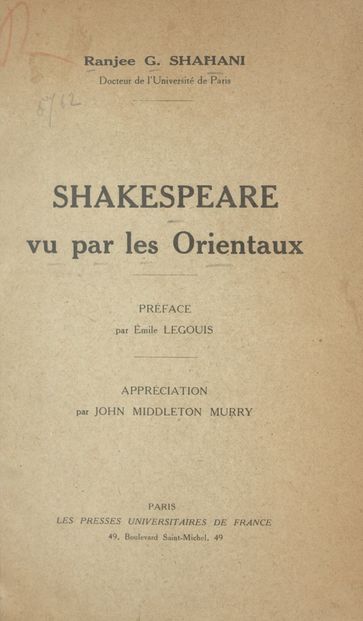 Shakespeare vu par les Orientaux - John Middleton Murry - Ranjee G. Shahani