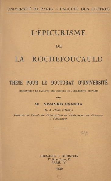 L'épicurisme de la Rochefoucauld - W. Sivasriyananda