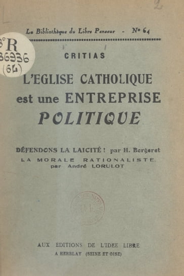L'Église catholique est une entreprise politique - Henri Bergeret - Critias - André Lorulot