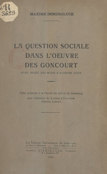 La question sociale dans l'œuvre des Goncourt - Maxime Immergluck